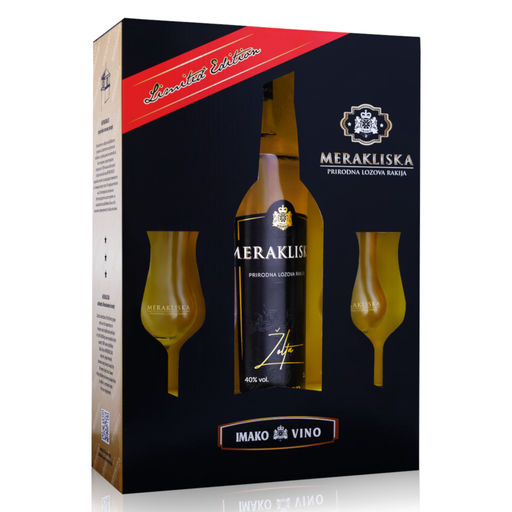 Poklon kutija Merakliska Lozova Rakija, Žolta 1L sa 2 čaše - Imako - Makedonske Delicije